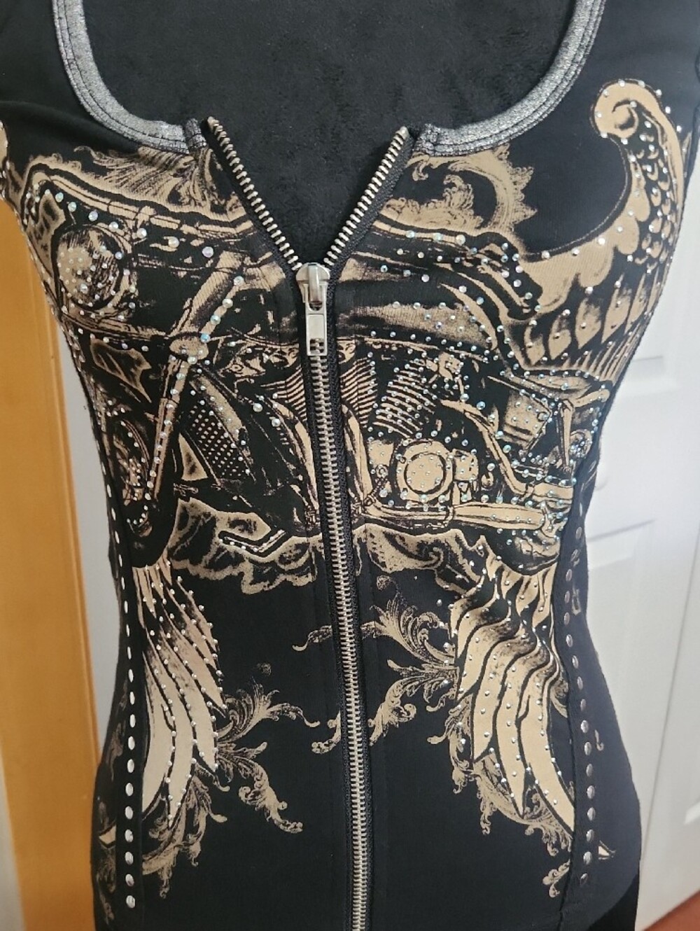 Black Bikercore Tank Top with Gold Motorcycle Graphic and Front Zip - Picture 2 of 5